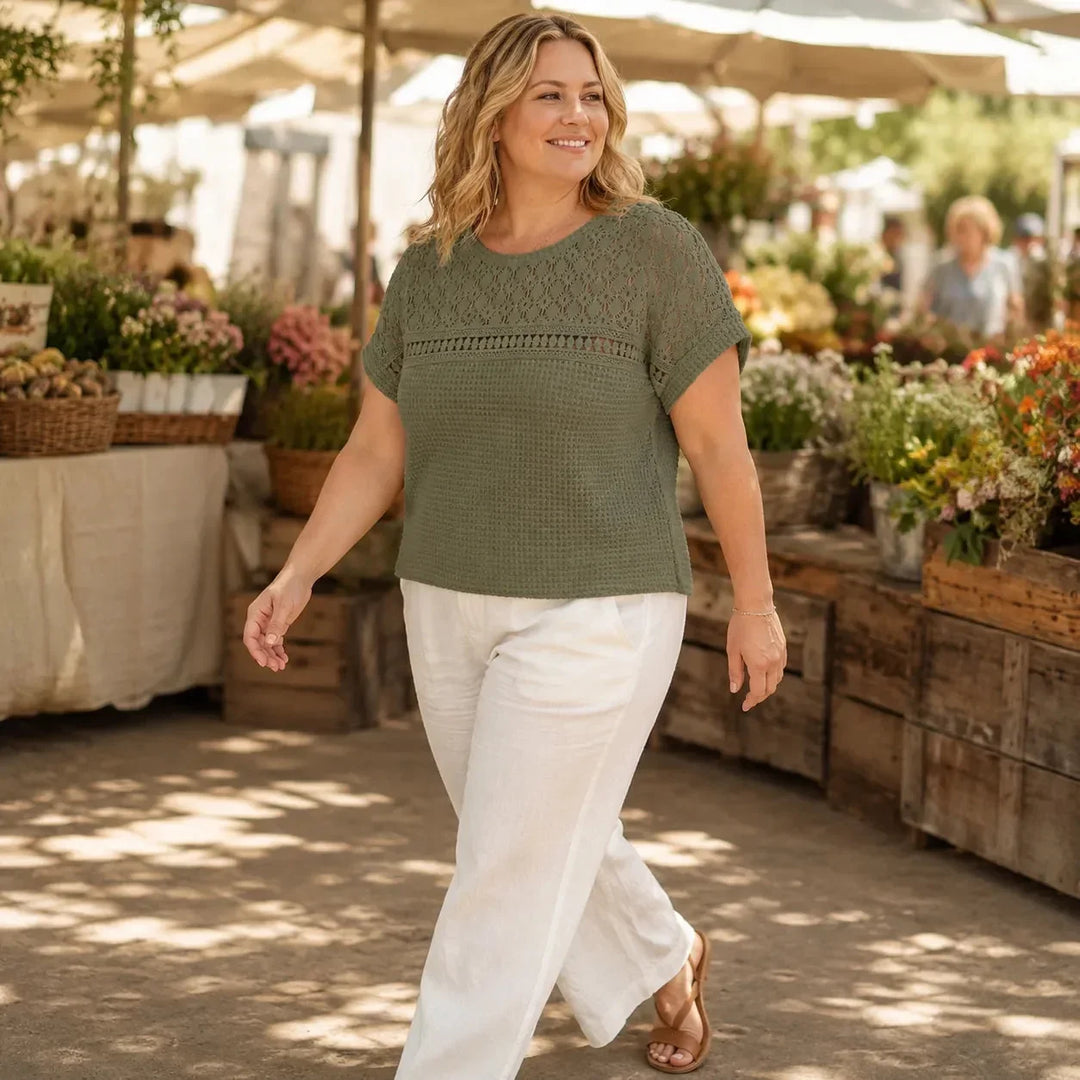 Wearbella – Open Gebreide Korte Mouwen Top, Wafeltextuur Lente Zomer Blouse voor Vrouwen