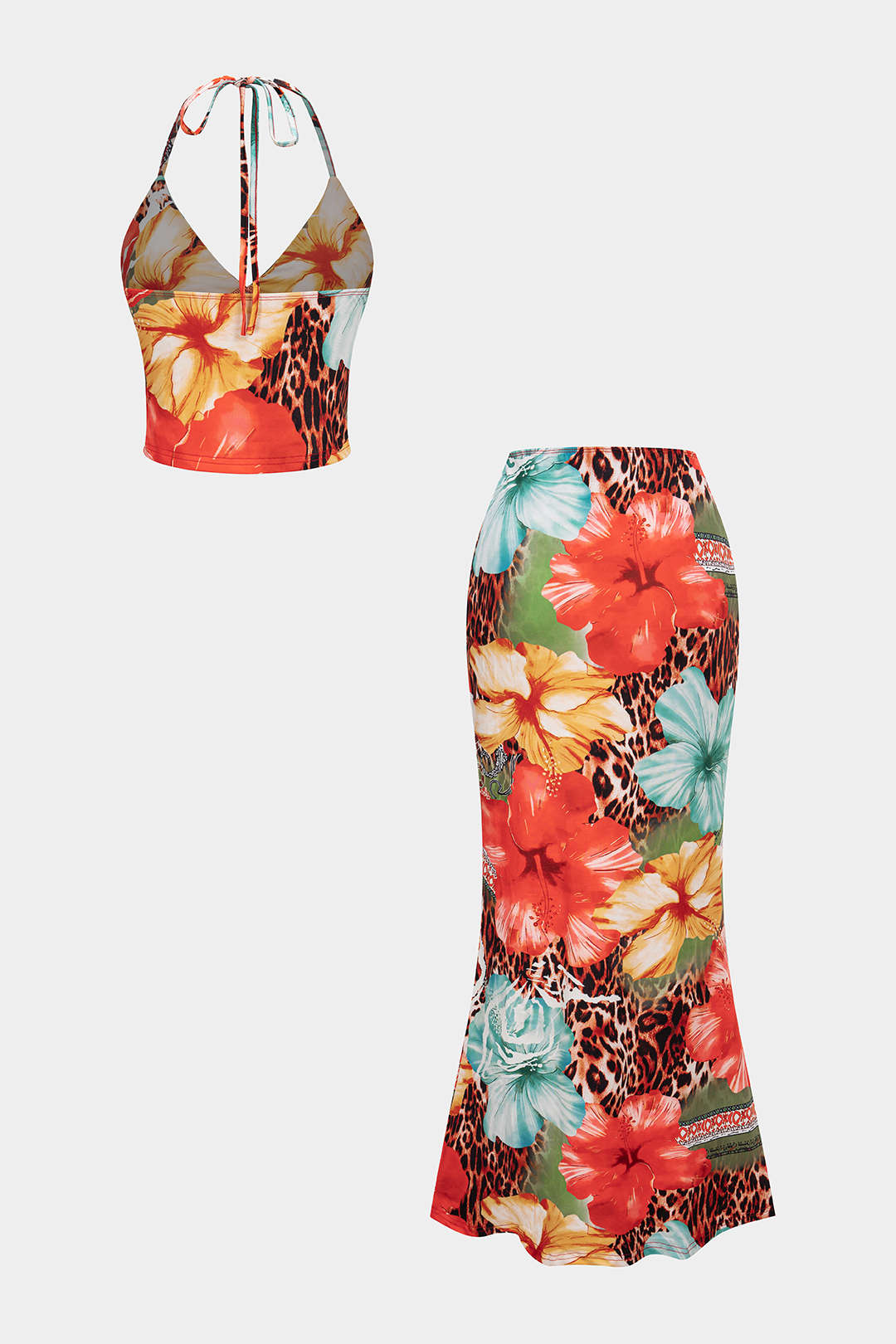 Venti | Tweedelige Dames Set met Bloemenprint- V-hals Top en Hoge Taille Rok
