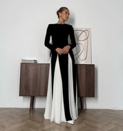 Chandra | Moderne Zwart-Wit Maxi Jurk - Vloeiende Pasvorm, Elegante Stijl