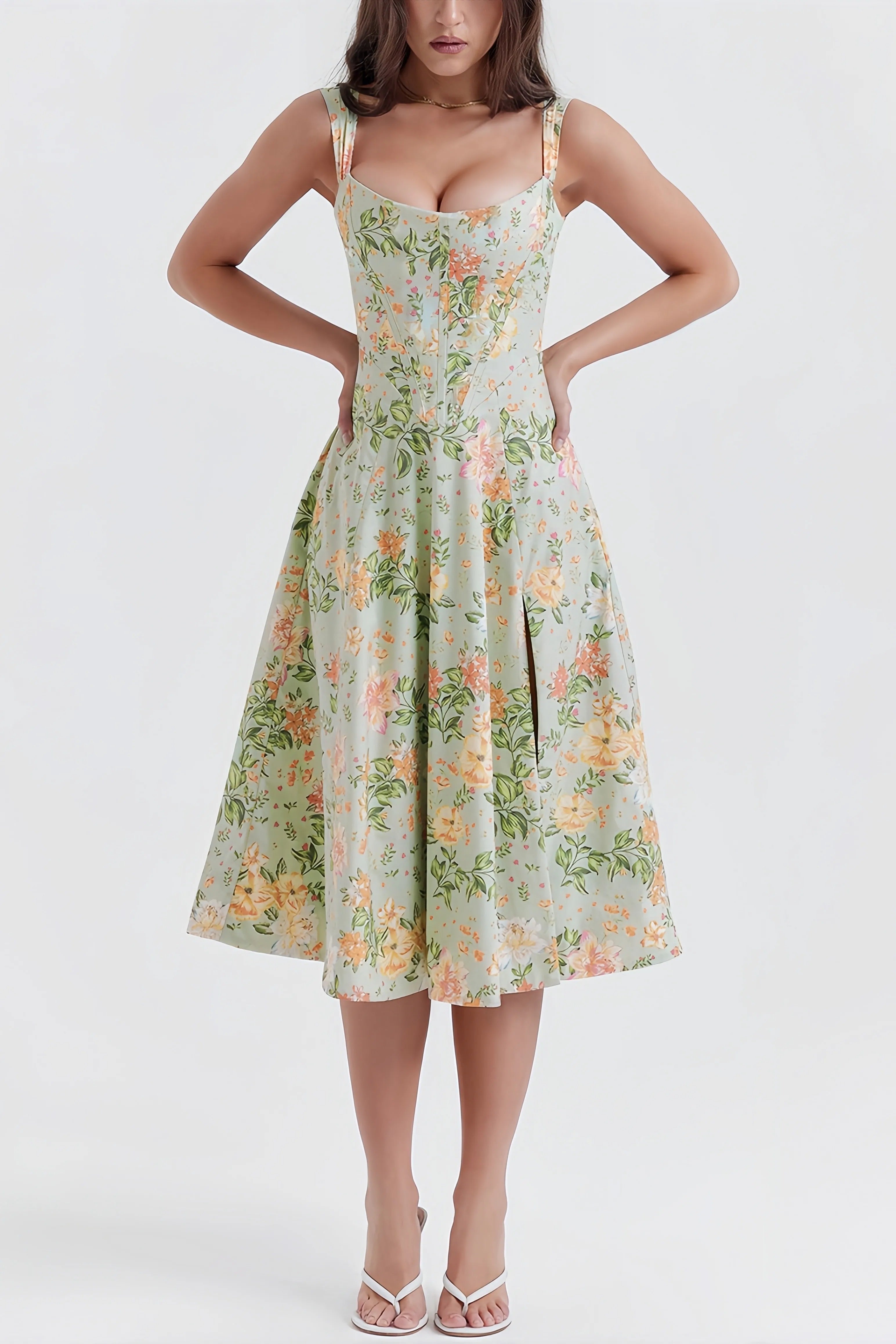 Janice | Bloemmotief Midi-Jurk - Elegante Split, Luchtig en Zomers