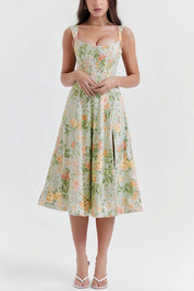 Janice | Bloemmotief Midi-Jurk - Elegante Split, Luchtig en Zomers