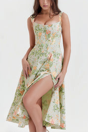Janice | Bloemmotief Midi-Jurk - Elegante Split, Luchtig en Zomers