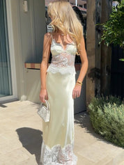 Lora | Luxe Tweedelige Satijnen Set Dames - Top en Maxi Rok met Kanten Details