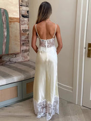 Lora | Luxe Tweedelige Satijnen Set Dames - Top en Maxi Rok met Kanten Details
