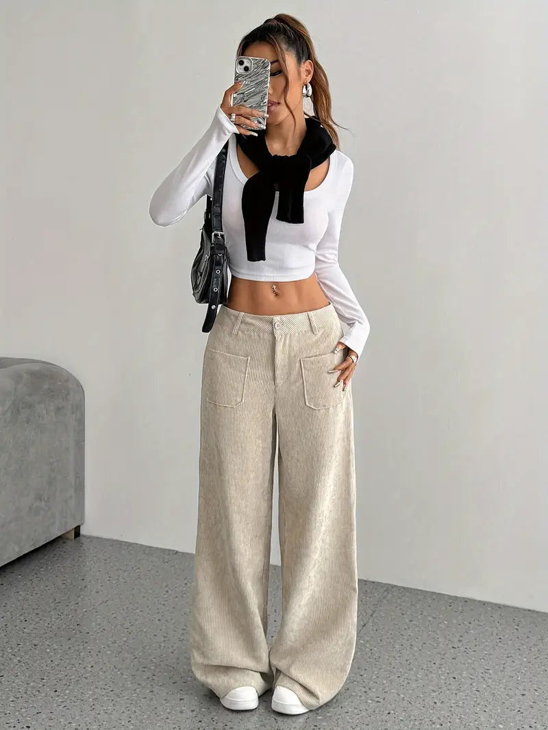 Leni | Dames Hoge Taille Corduroy Broek - Comfortabele Wijde Pijpen