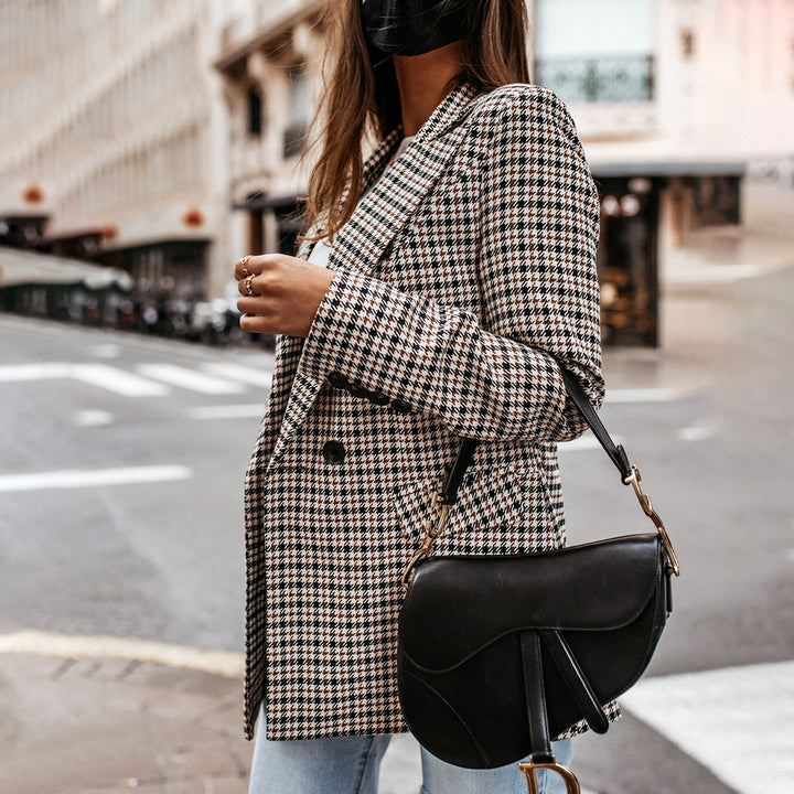 Emmy | Dames geruite blazer met dubbele knoopsluiting