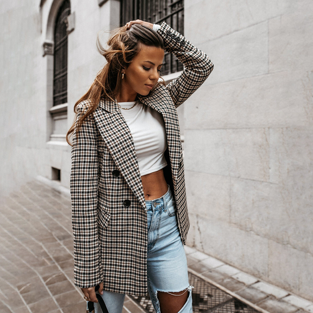 Ivonne | Stijlvolle Klassiek Geruit Dubbel Geknoopte Blazer