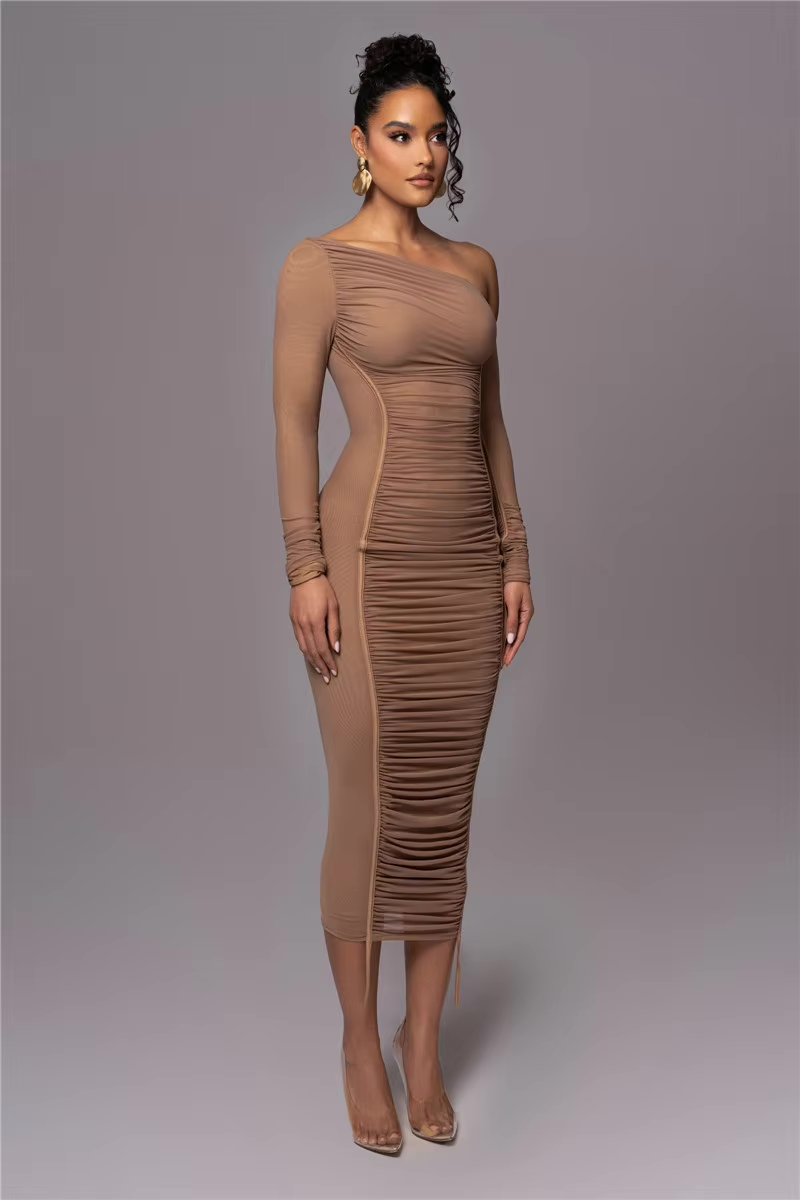 Andi | Dames jurk midi asymmetrische hals ruches