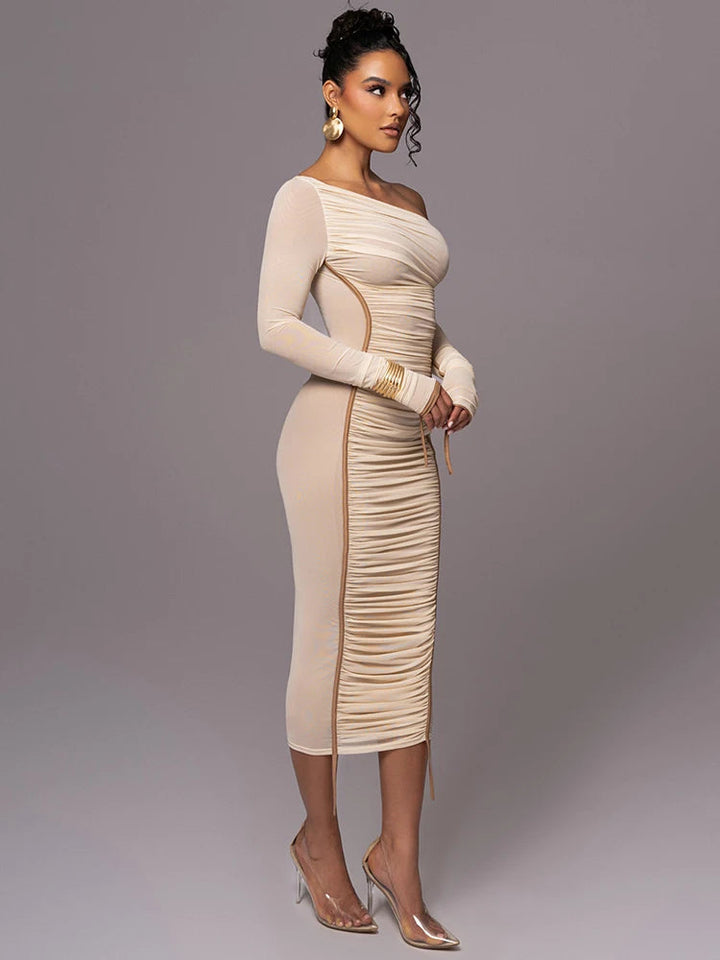 Andi | Dames jurk midi asymmetrische hals ruches