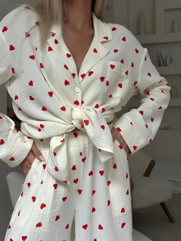 Merla | Esthetische Tweedelig Pyjama Set Dames - Hartjes Print, Comfortabel en Stijlvol