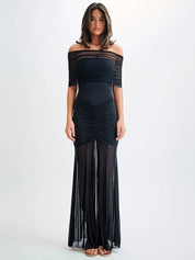Mira | Off-Shoulder Maxi Jurk -Elegante Mesh Jurk met Elegante Plooi Details