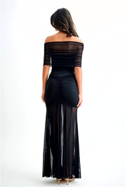 Mira | Off-Shoulder Maxi Jurk -Elegante Mesh Jurk met Elegante Plooi Details