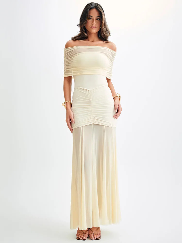 Mira | Off-Shoulder Maxi Jurk -Elegante Mesh Jurk met Elegante Plooi Details
