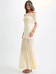 Mira | Off-Shoulder Maxi Jurk -Elegante Mesh Jurk met Elegante Plooi Details