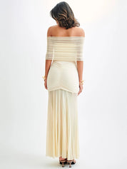 Mira | Off-Shoulder Maxi Jurk -Elegante Mesh Jurk met Elegante Plooi Details