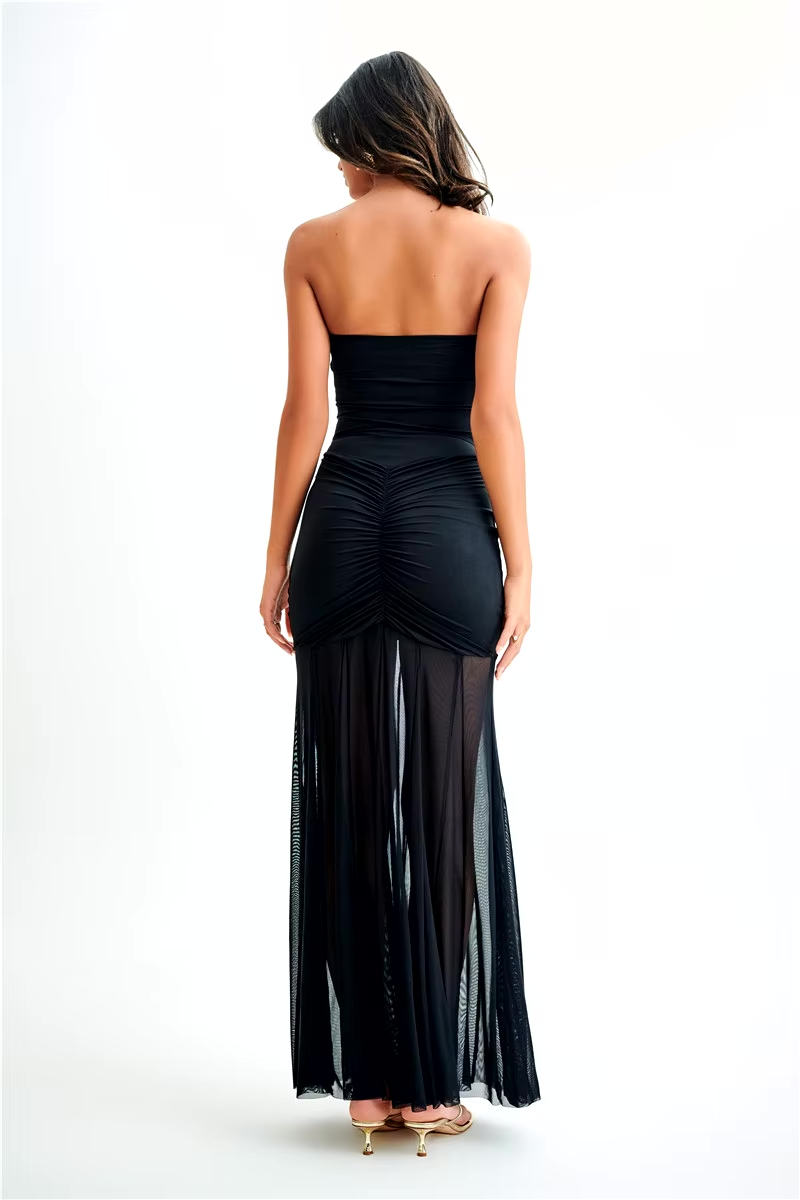 Mira | Off-Shoulder Maxi Jurk -Elegante Mesh Jurk met Elegante Plooi Details