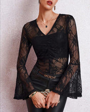 Milna | Kanten Shirt Dames - Bloemen V-hals, Casual, Lange Klokmouwen