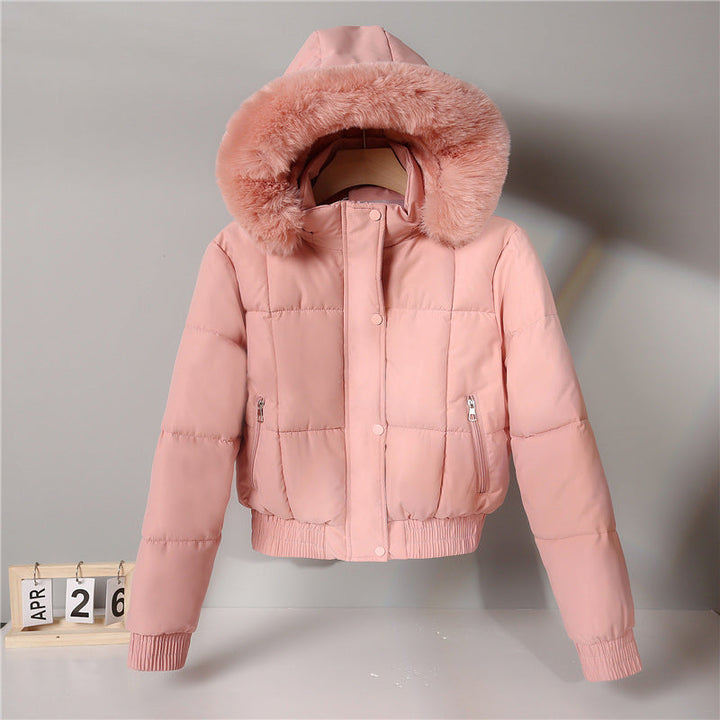 Dames korte gewatteerde hoodie met kunstbontkraag