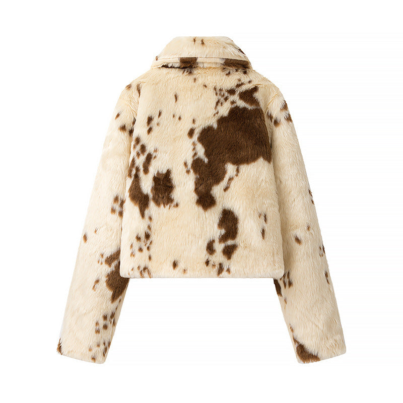 Dames Spot Print Cropped Blouson met Staande Kraag en Zakken