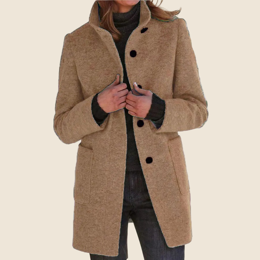 Dames Mid-Length Blend Jas met Opstaande Kraag en Paspelzakken
