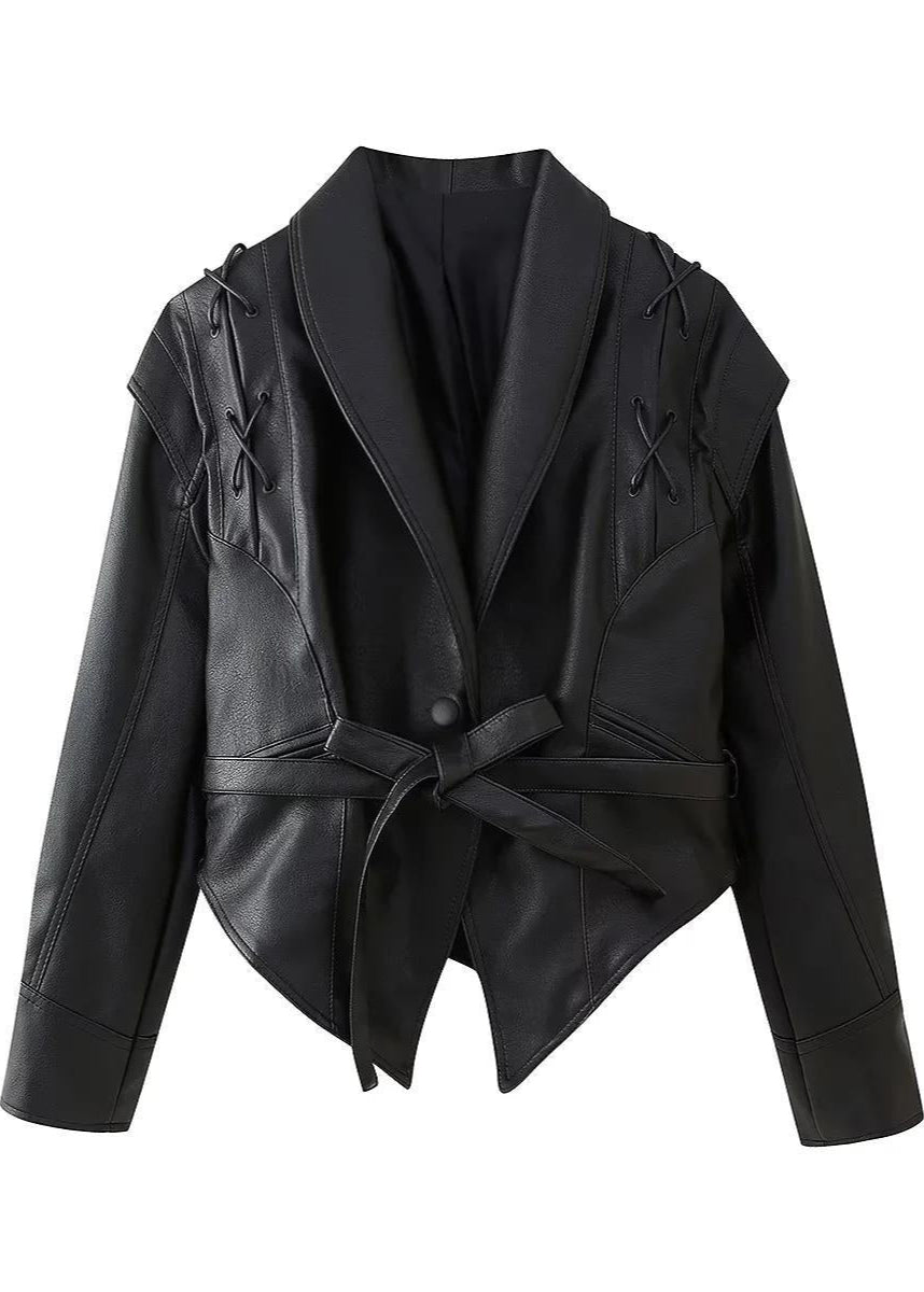 Madée | Zwarte Leren Look Dames Blazer met Strik Riem en Schouderdetails