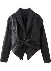 Madée | Zwarte Leren Look Dames Blazer met Strik Riem en Schouderdetails