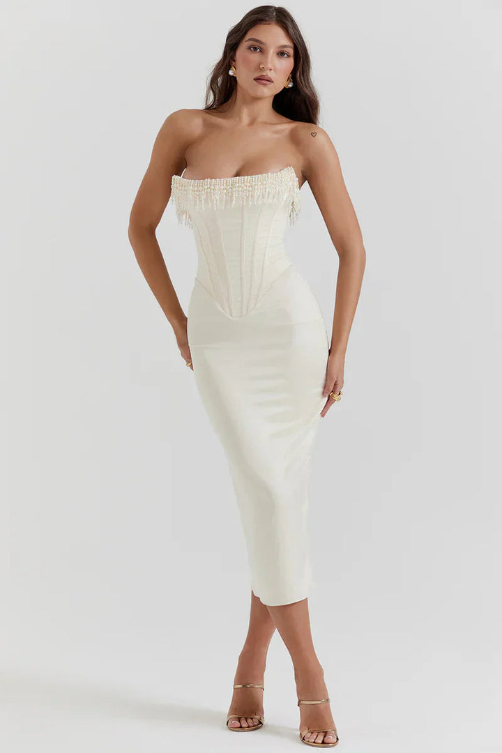 Cassandra | Dames jurk midi strapless plooien