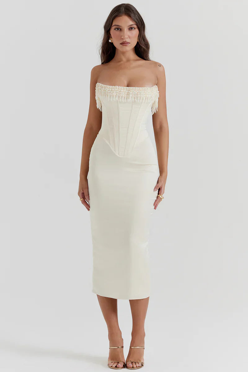 Pia | Dames Midi Jurk - Luxe Satijn met Pareldetails, Strapless voor Bruiloft
