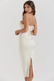 Pia | Dames Midi Jurk - Luxe Satijn met Pareldetails, Strapless voor Bruiloft