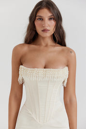 Pia | Dames Midi Jurk - Luxe Satijn met Pareldetails, Strapless voor Bruiloft