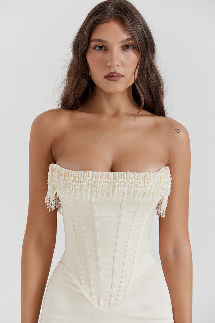 Cassandra | Dames jurk midi strapless plooien
