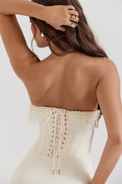 Pia | Dames Midi Jurk - Luxe Satijn met Pareldetails, Strapless voor Bruiloft