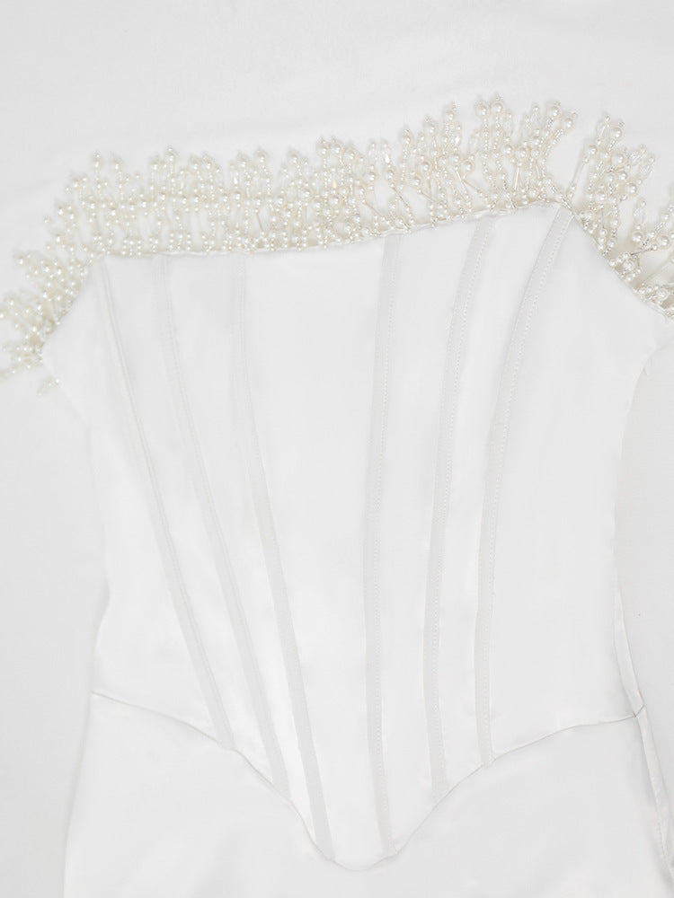 Pia | Dames Midi Jurk - Luxe Satijn met Pareldetails, Strapless voor Bruiloft