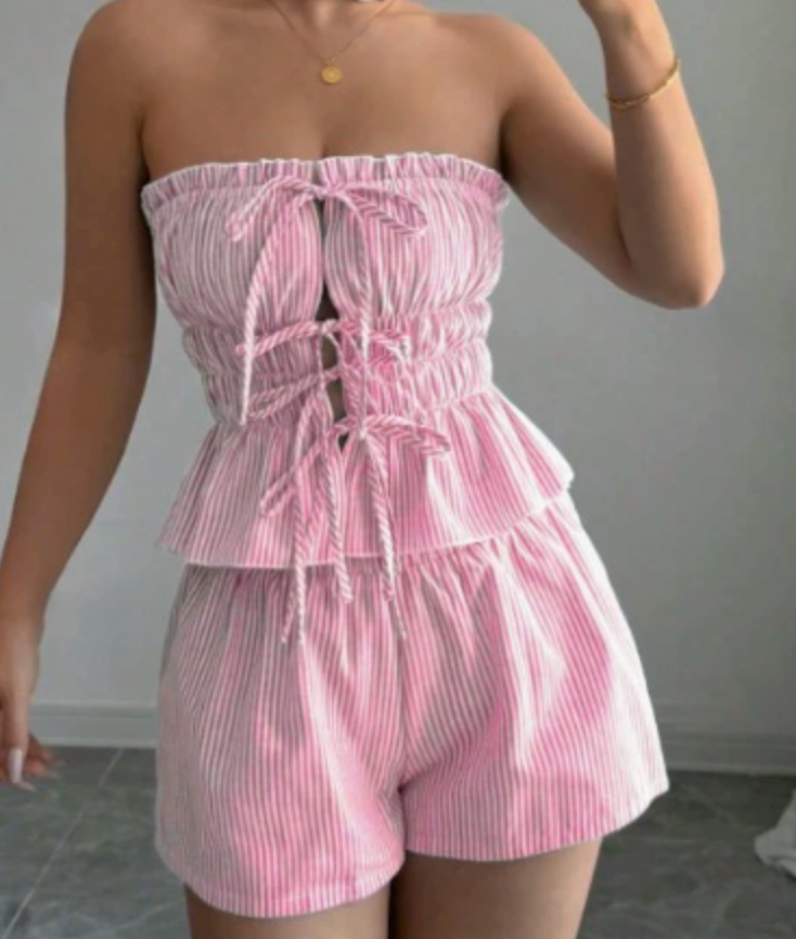 Rina | Stijlvolle Dames Set - Striped Top en Hoge Taille Broekje met Ruches