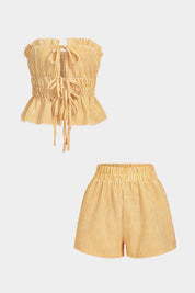 Rina | Stijlvolle Dames Set - Striped Top en Hoge Taille Broekje met Ruches