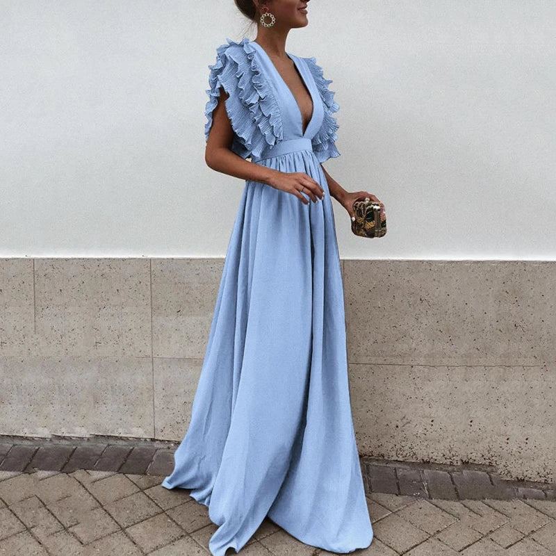 Alejandra | Dames jurk met V-hals ruches maxi
