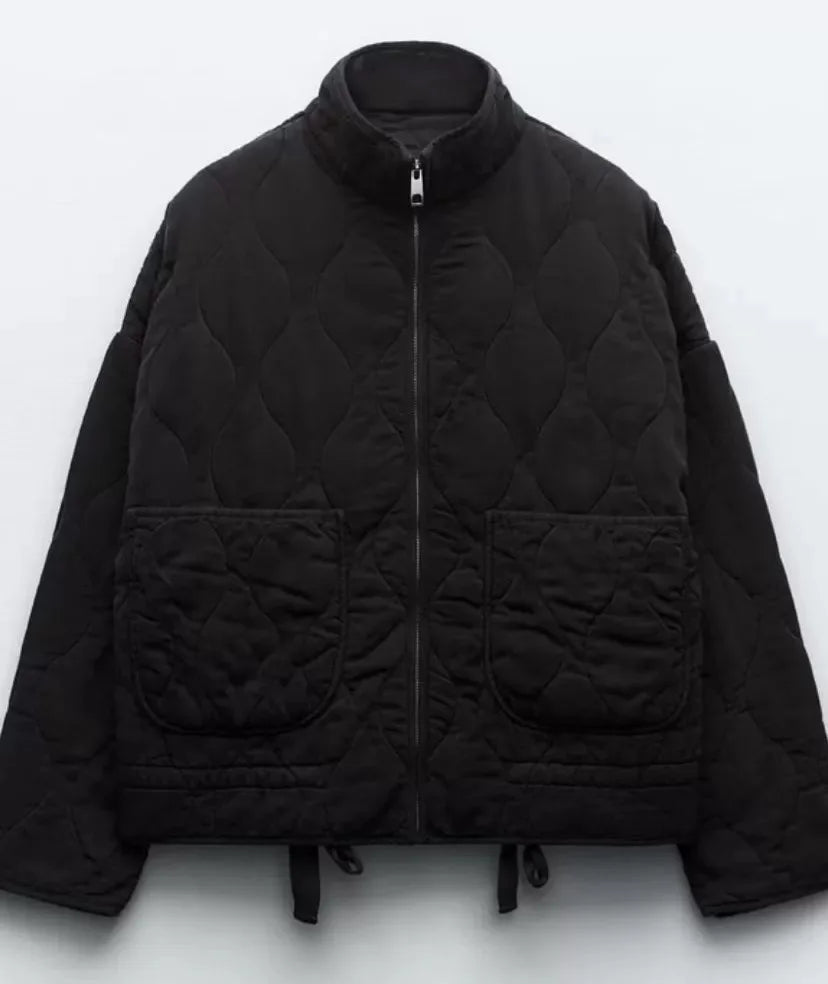 Dames Cropped Gewatteerde Jas met Zakken en Bindriem