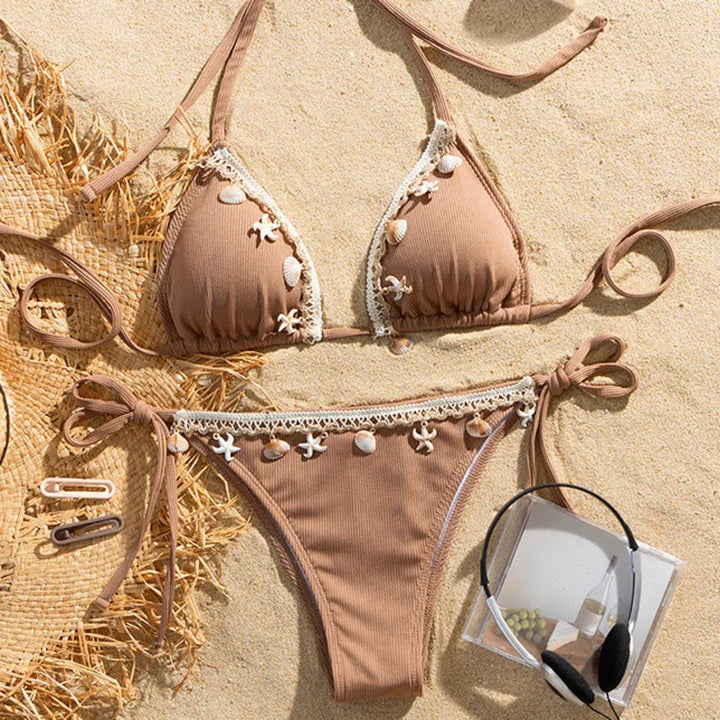 Giselle | Dames bikini met strikkoorden en schelpdetails