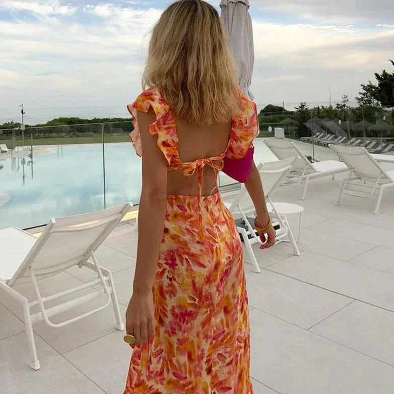 Evi | Dames jurk maxi bloemenprint V-hals boho ruches oranje