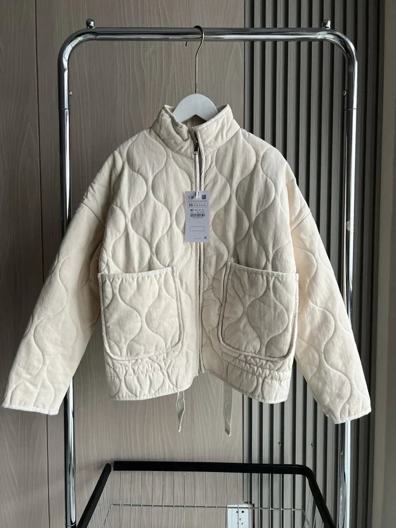 Dames Cropped Gewatteerde Jas met Zakken en Bindriem