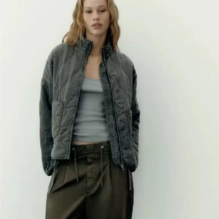 Dames Cropped Gewatteerde Jas met Zakken en Bindriem