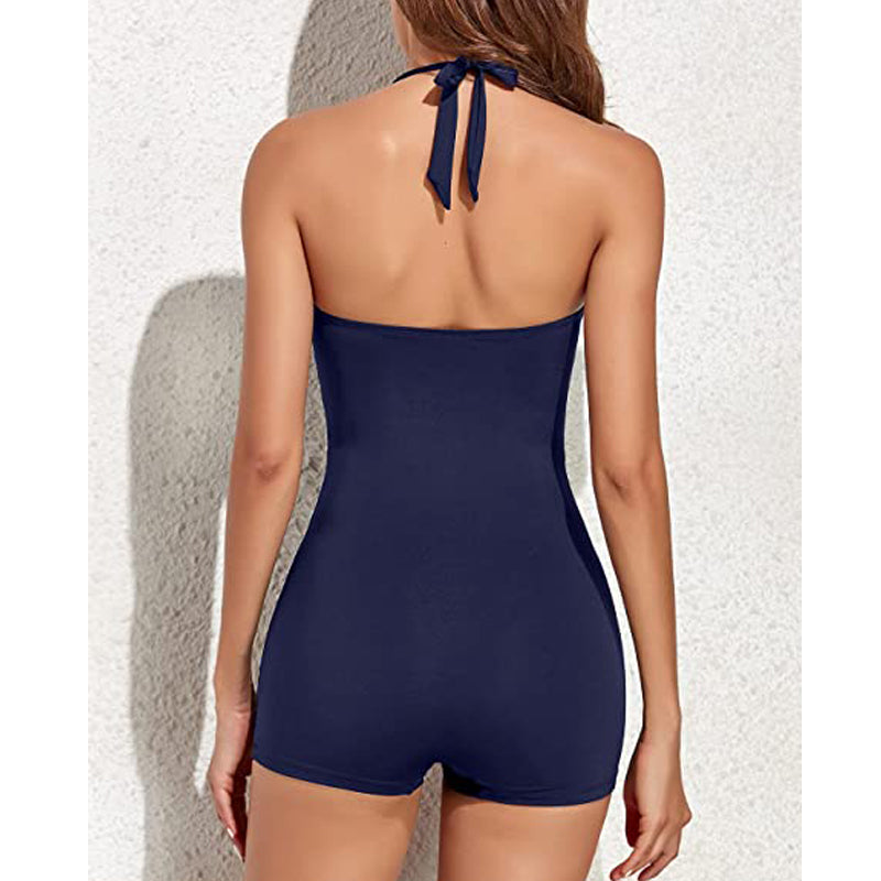 Navy | Dames badpak met boyleg en ronde hals