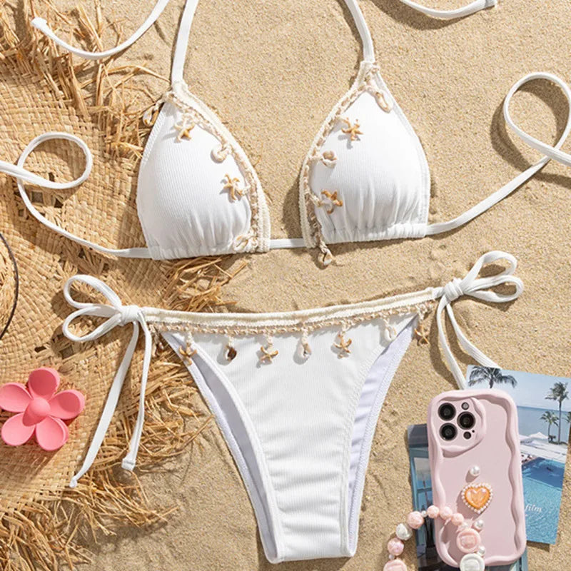Giselle | Dames bikini met strikkoorden en schelpdetails