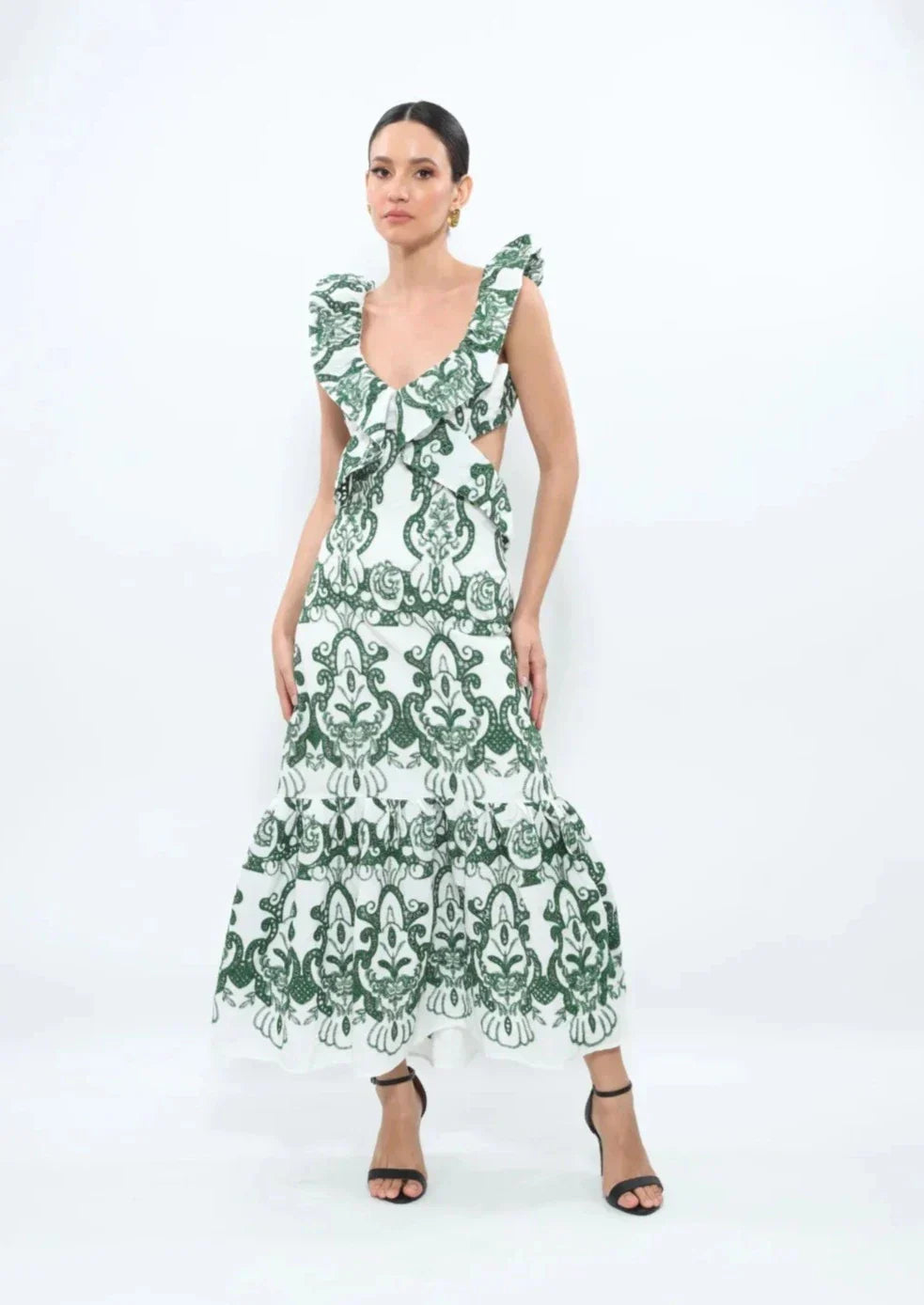 Amalia | Lange Katoenen Zomerjurk met Open Rug – Wit-Groen