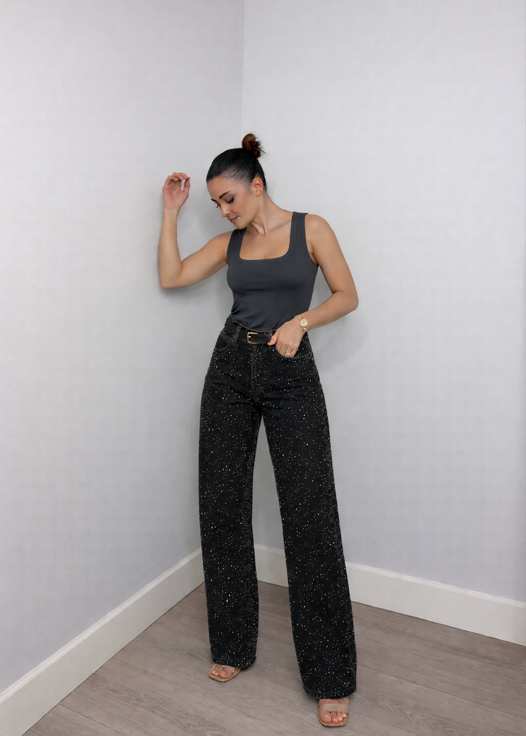 Sanay | Rechte High‑Waist Jeans met Glitter Details