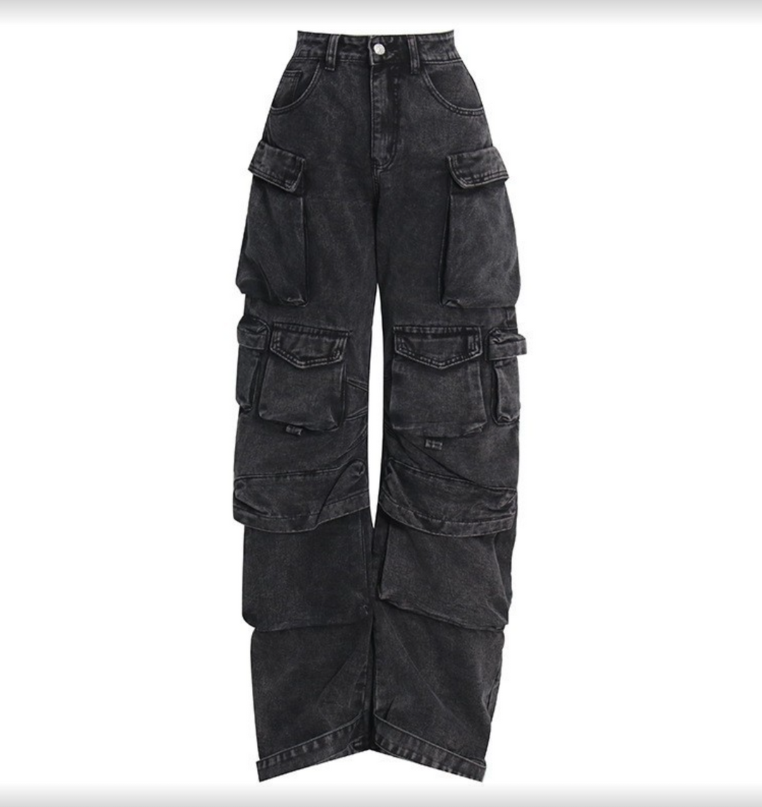 Veda | Dames jeans met cargozakken wijde pijpen