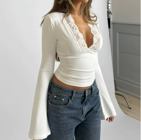 Emory | Dames top met geperforeerde inzet cropped lengte