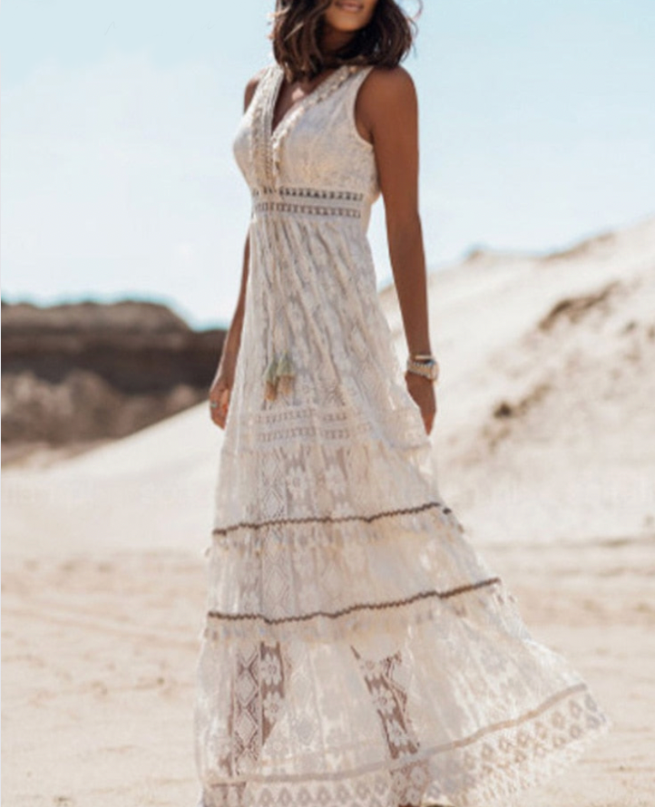 Alexandra | Dames maxi jurk met V-hals en strikdetail