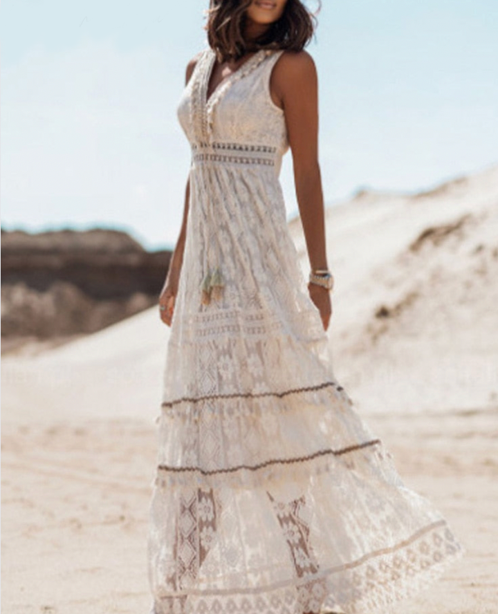 Alexandra | Dames maxi jurk met V-hals en strikdetail