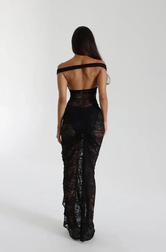 Anaisa | Dames maxi jurk met open schouders uitsnijding